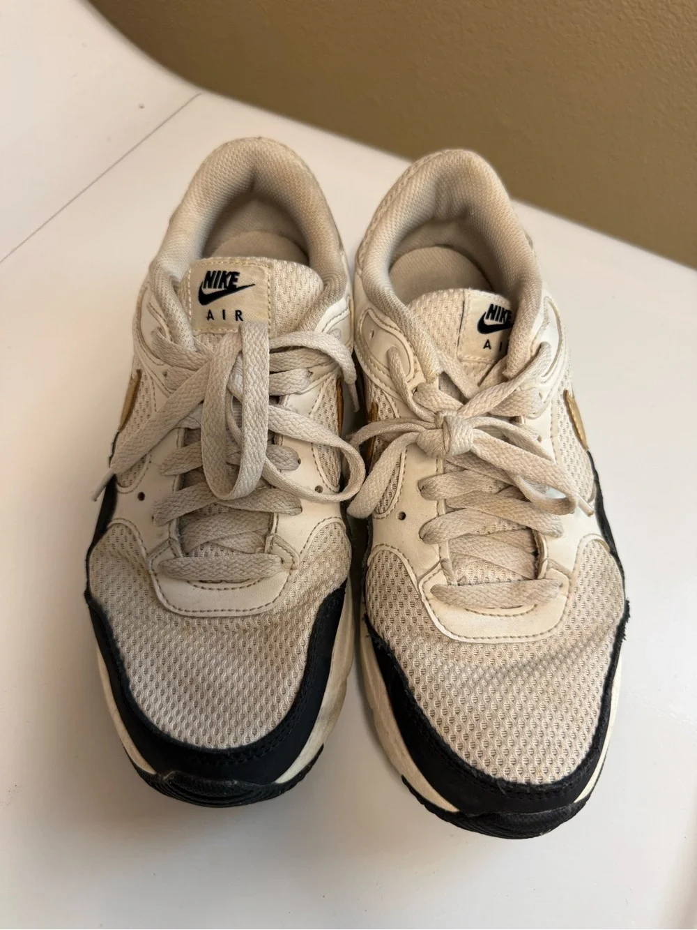 Nike Air Women's Sneakers Size 6.5 Beige Black Gold Swoosh